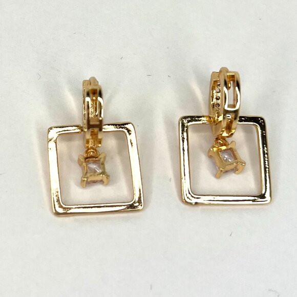 Gold-toned Drop Earrings White Stones Crystal Geometric Dangle Design Statement - Picture 5 of 5